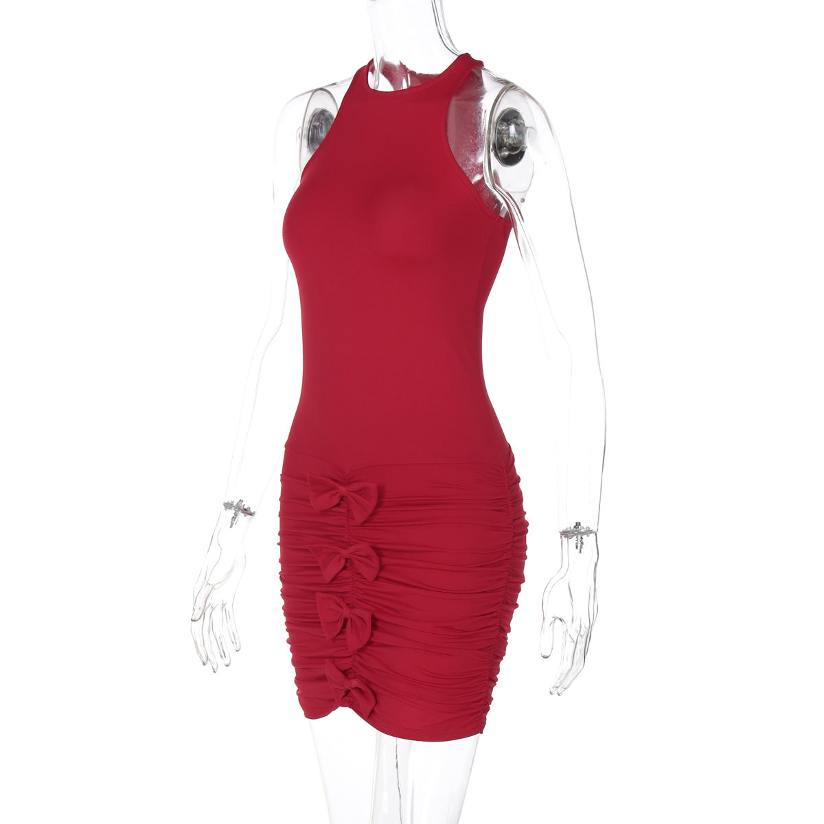 Halter Neck Ruched Bow Front Bodycon Mini Dress