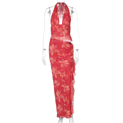 Halter Plunging V Neck Floral Ruched Ruffle Side Slit Maxi Set