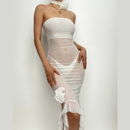 Strapless Sheer Mesh Flower Applique Ruffle Midi Dress