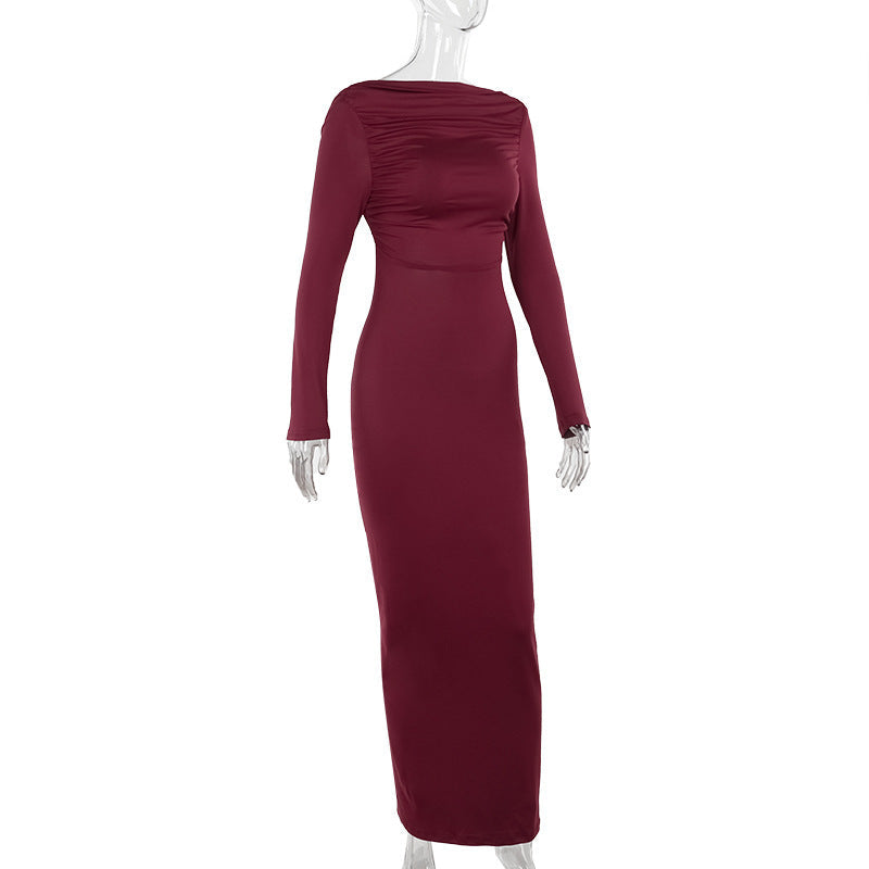 Long Sleeve Deep Open Back Ruched Column Maxi Gown