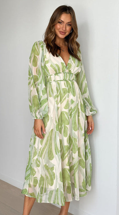 Deep V-Neck Long Bishop Sleeve Smocked Empire Waist Botanical Print Midi Dress