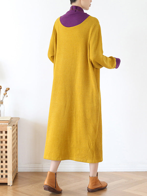 Crew Neck Long Sleeve Layered Look Oversized Pocket Midi Dress