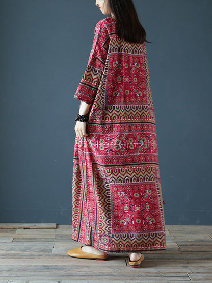 Boat Neck Three Quarter Sleeve Ethnic Geometric Print Tie Waist Maxi Dress