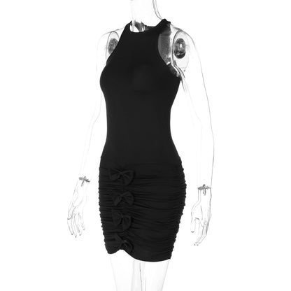High Neck Racerback Bodycon Mini Dress Triple Bow Ruched Skirt Two Piece Set