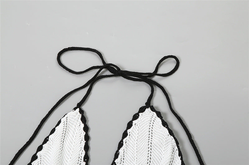 Halter Neck Crochet Lace Trim Contrast Band Maxi Dress