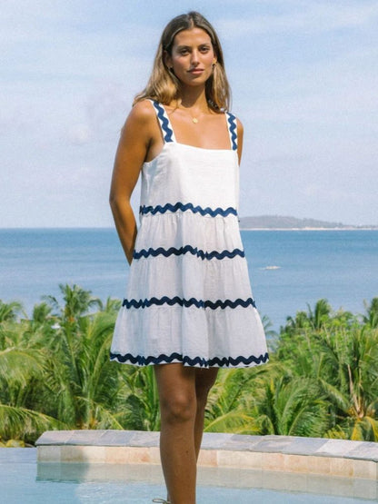 Square Neck Tiered Ric Rac Trim A-Line Babydoll Mini Dress