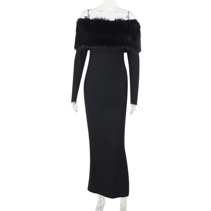 Off Shoulder Faux Fur Trim Long Sleeve Bodycon Maxi Dress