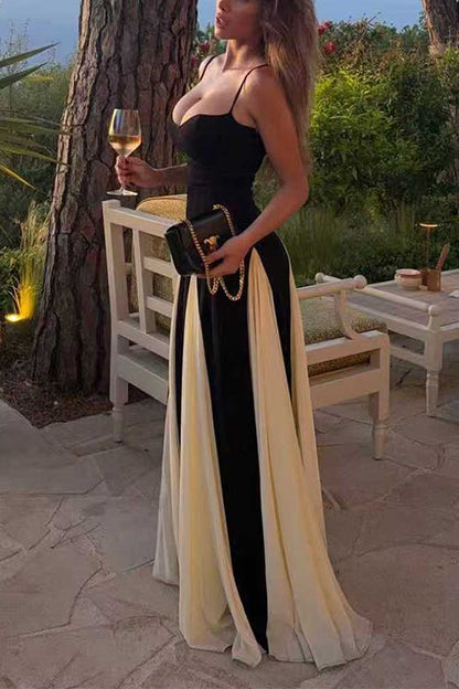 Spaghetti Strap Low Cut Color Block Swing Maxi Dress
