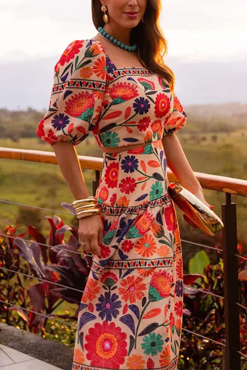 Puff Sleeves Back Cut Out Floral Print Crop Top