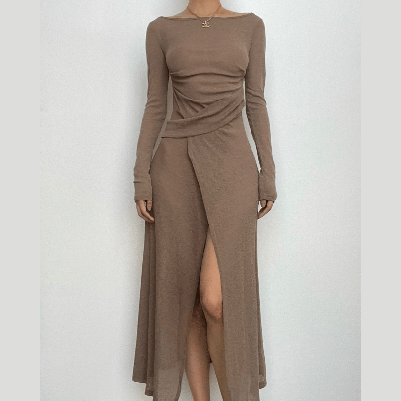 Boat Neck Ruched Waist Wrap High Slit Long Sleeve Bodycon Maxi Dress