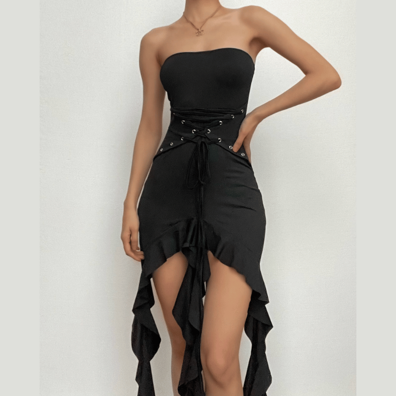 Strapless Lace Up Grommet Corset Ruffle High Low Hem Mini Dress