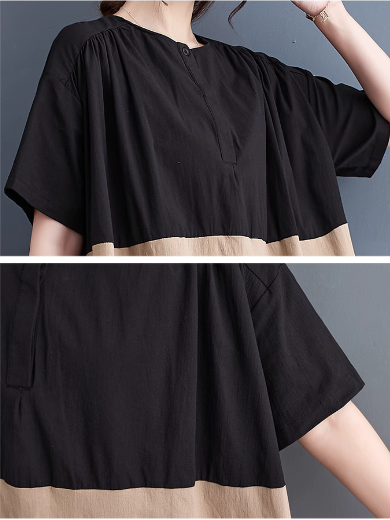 Round Neck Henley Button Contrast Panel Loose Midi Dress