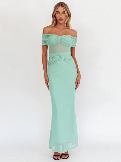 Off Shoulder Mesh Midriff Panel Ruched Waist Column Maxi Dress