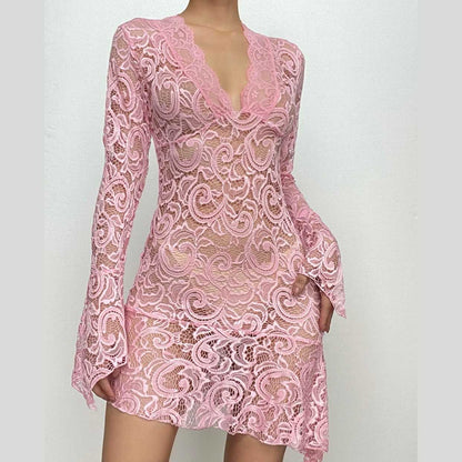 Floral Lace Bell Sleeve Handkerchief Hem V-Neck Mini Dress
