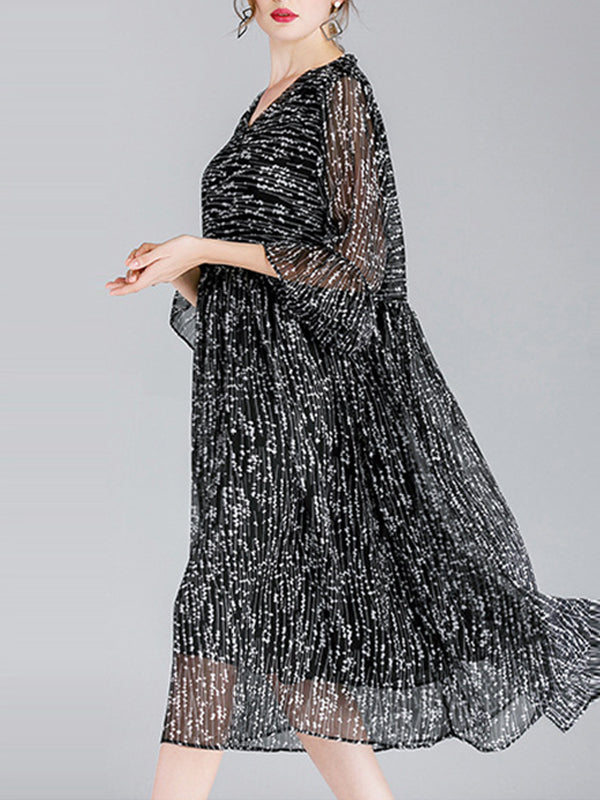 V-Neck Tiered Bell Cuff Empire Waist Pleated Dotted Midi Dress