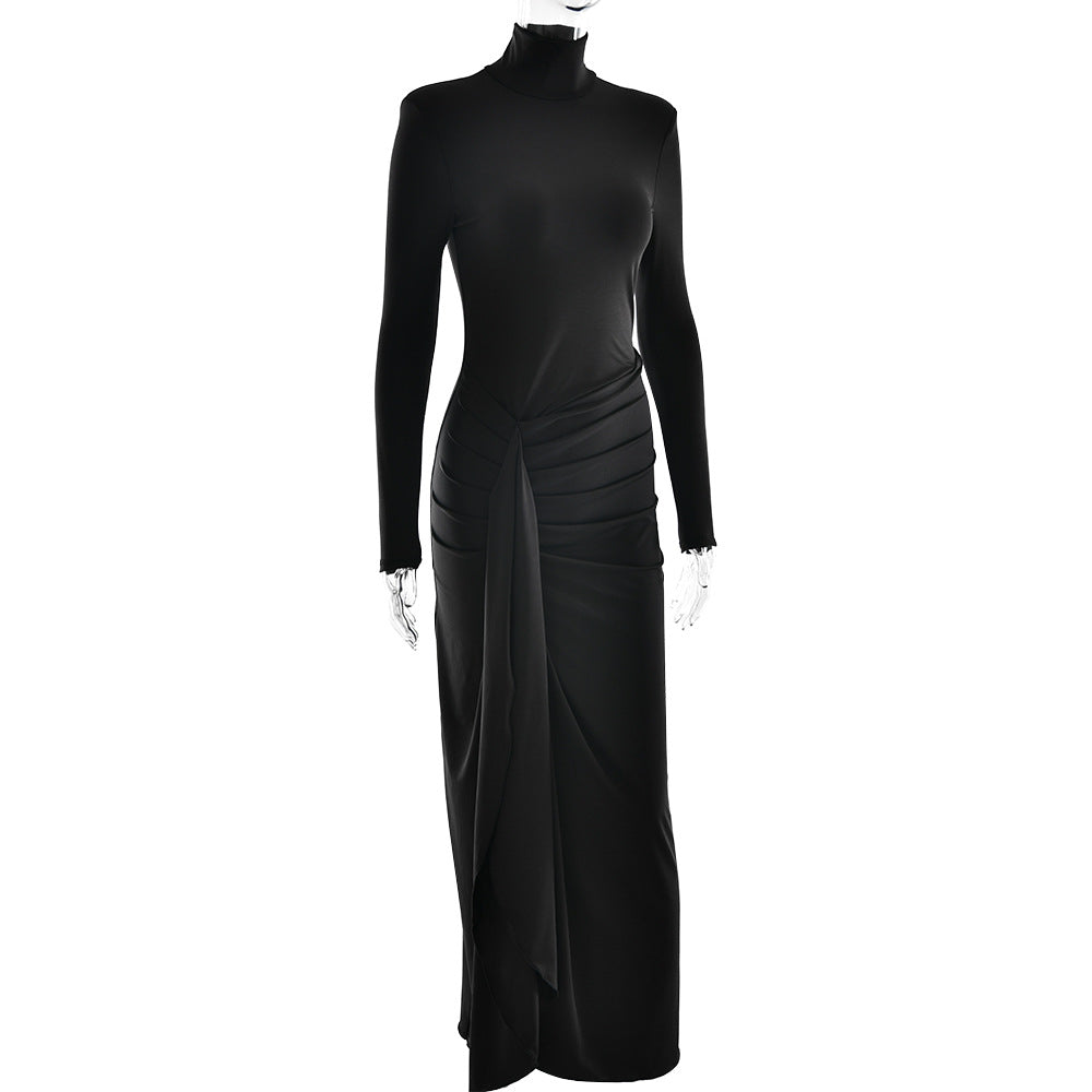 Turtleneck Long Sleeve Twist Waist Knot High Slit Bodycon Maxi Dress