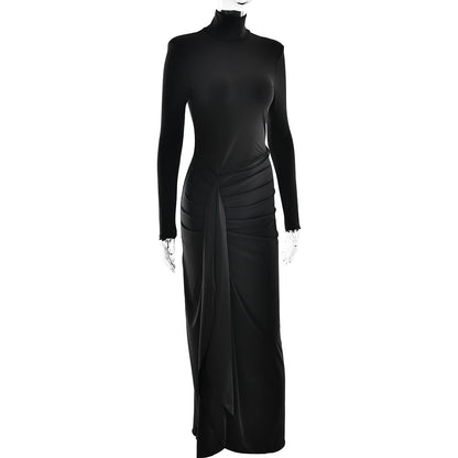 Turtleneck Long Sleeve Twist Waist Knot High Slit Bodycon Maxi Dress