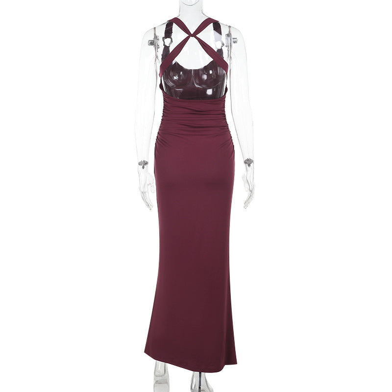 Spaghetti Strap Ruched Drape Side Slit Column Maxi Dress