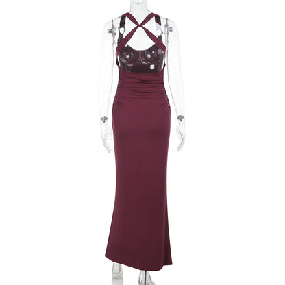 Spaghetti Strap Ruched Drape Side Slit Column Maxi Dress