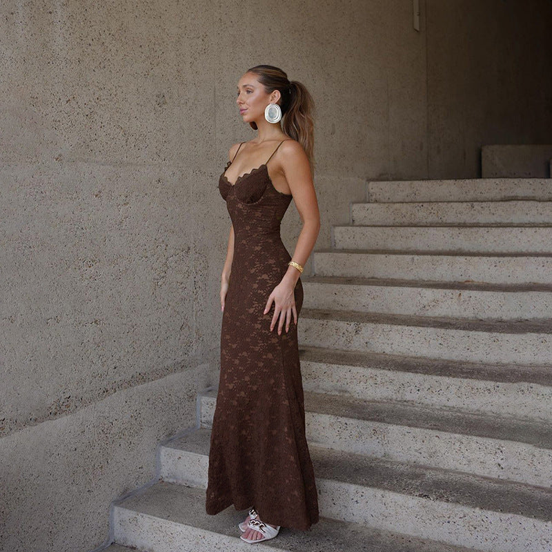 Spaghetti Strap Sweetheart Lace Maxi Dress