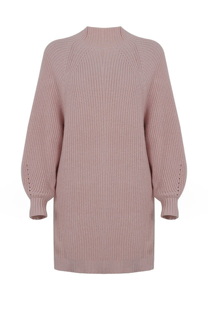 Ribbed Knit Mock Neck Balloon Sleeve Oversized Sweater Mini Dress