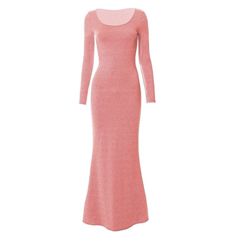 Scoop Neck Long Sleeve Mermaid Hem Knit Bodycon Maxi Dress