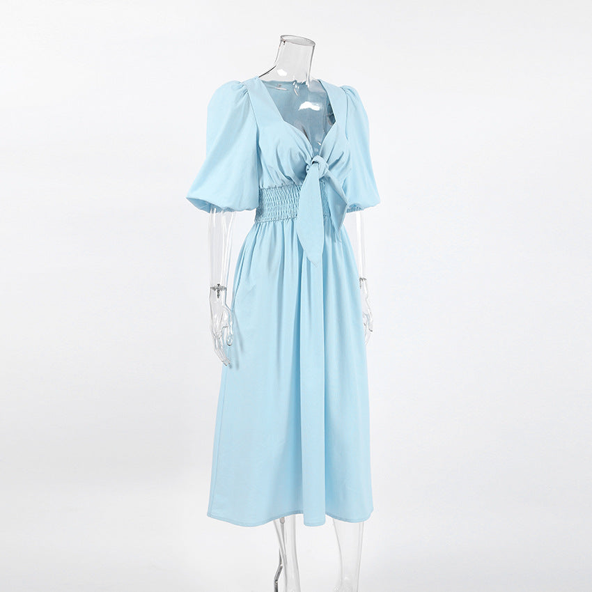 Sweetheart Neck Tie Front Smocked Puff Sleeve Linen Midi Dress