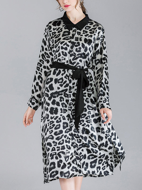 Contrasting Lapel Spotted Print Button Front High Slit Midi Shirt Dress