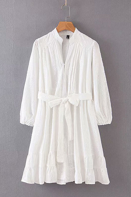 V Neck Long Sleeve Crochet Lace Button Front Belted Babydoll Mini Dress