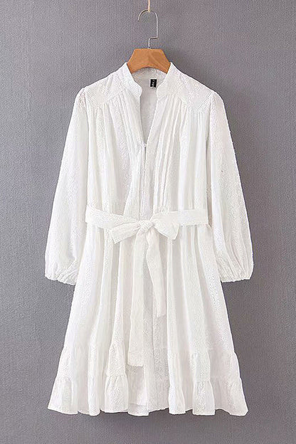 V Neck Long Sleeve Crochet Lace Button Front Belted Babydoll Mini Dress
