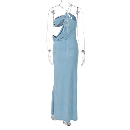 One Shoulder Diagonal Cutout Draped Sash Bodycon Maxi Dress