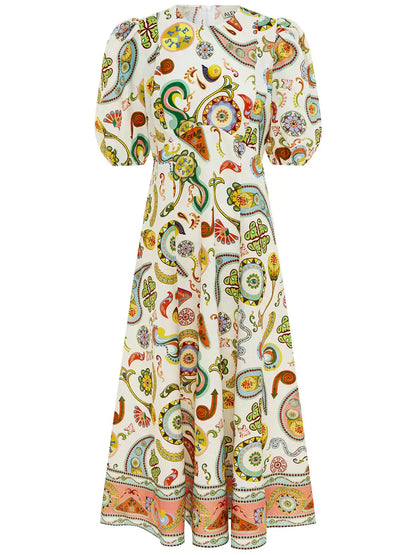 Eclectic Paisley Print Puff Sleeve Round Neck Midi Dress