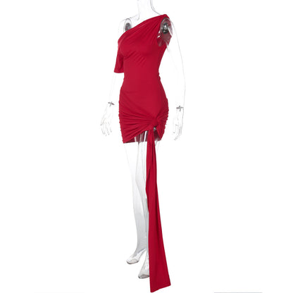 One Shoulder Ruched Mini Dress with Side Sash