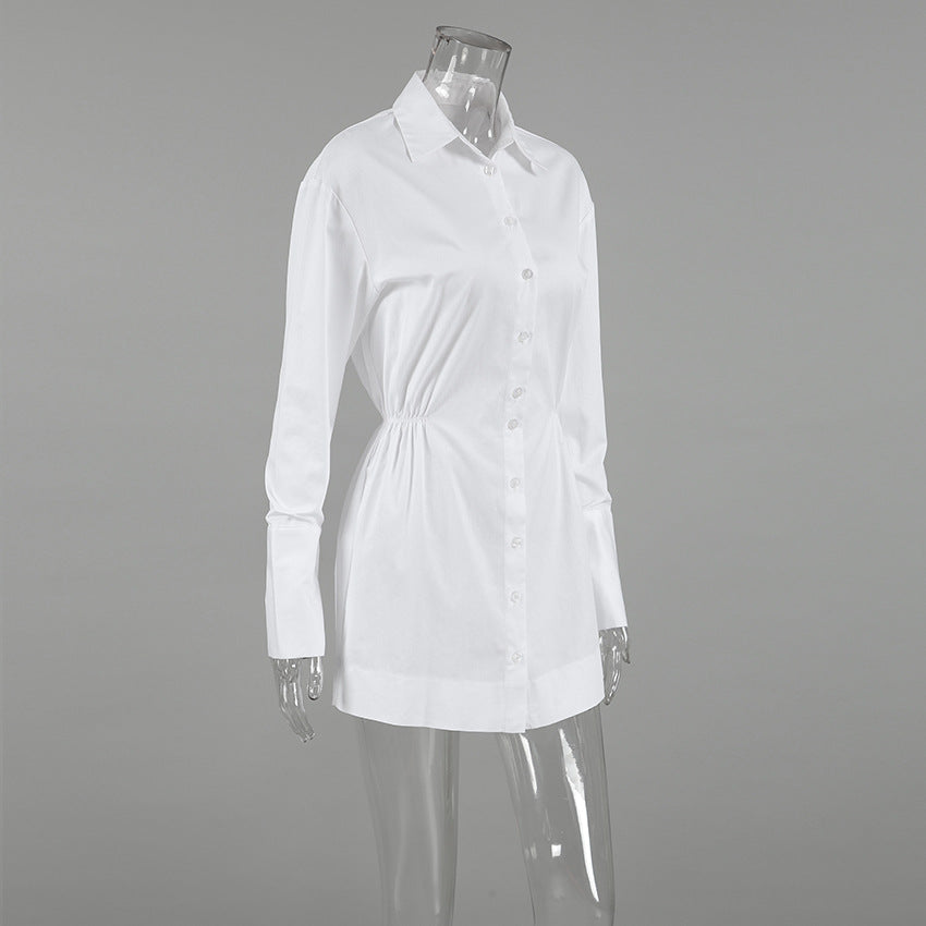 Collared Button Front Belted Long Sleeve Shirt Mini Dress
