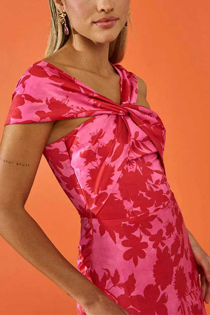 Twist Front High Waist Floral Print Midi Dress