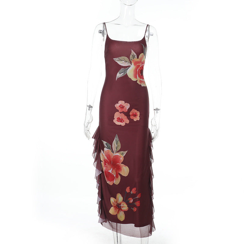 Spaghetti Strap Scoop Neck Side Ruffle Trim Floral Maxi Dress