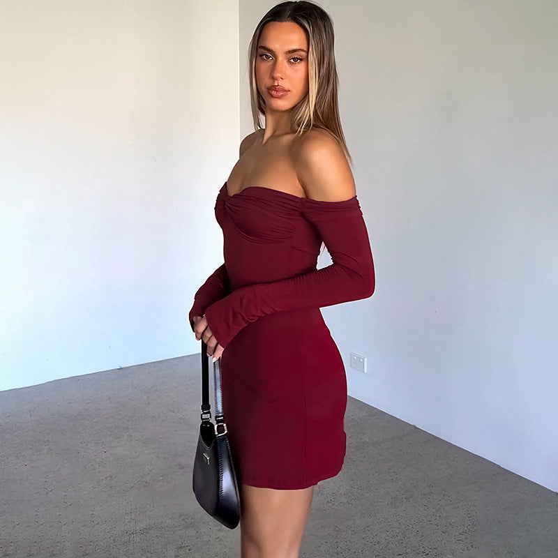 Off Shoulder Sweetheart Twist Knot Long Sleeve Bodycon Mini Dress