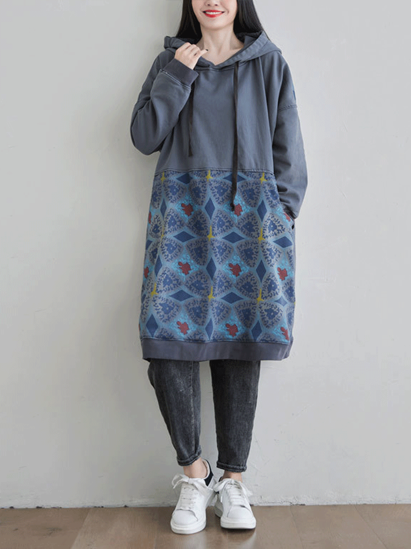 Hooded Kangaroo Pocket Geometric Print Oversized Mini Sweatshirt Dress