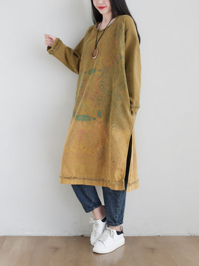 Round Neck Raw Edge Mandala Print Side Slit Oversized Tunic Dress