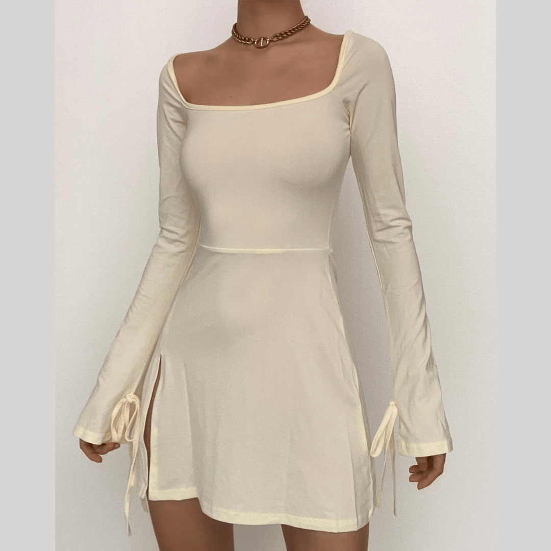 Square Neck Long Sleeve Tie Cuff Front Slit Bodycon Mini Dress