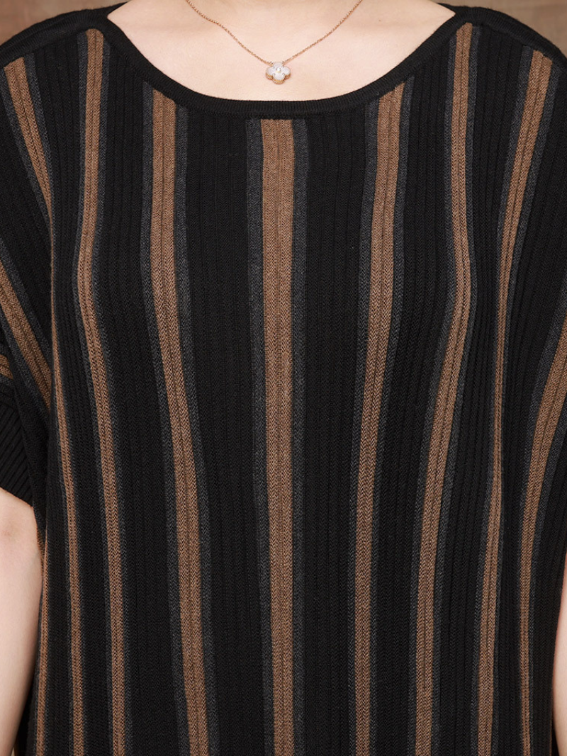 Round Neck Drop Shoulder Striped Fringe Hem Knit Maxi Dress