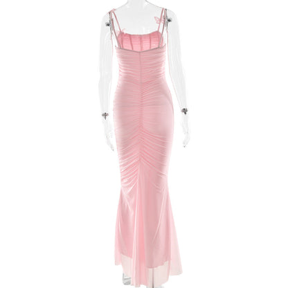 Spaghetti Strap Butterfly Applique Corset Boned Ruched Mermaid Maxi Dress