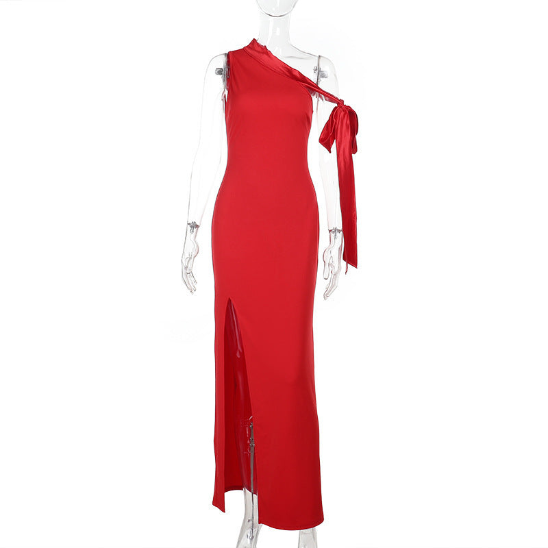 One Shoulder Bow Shoulder High Slit Column Maxi Gown
