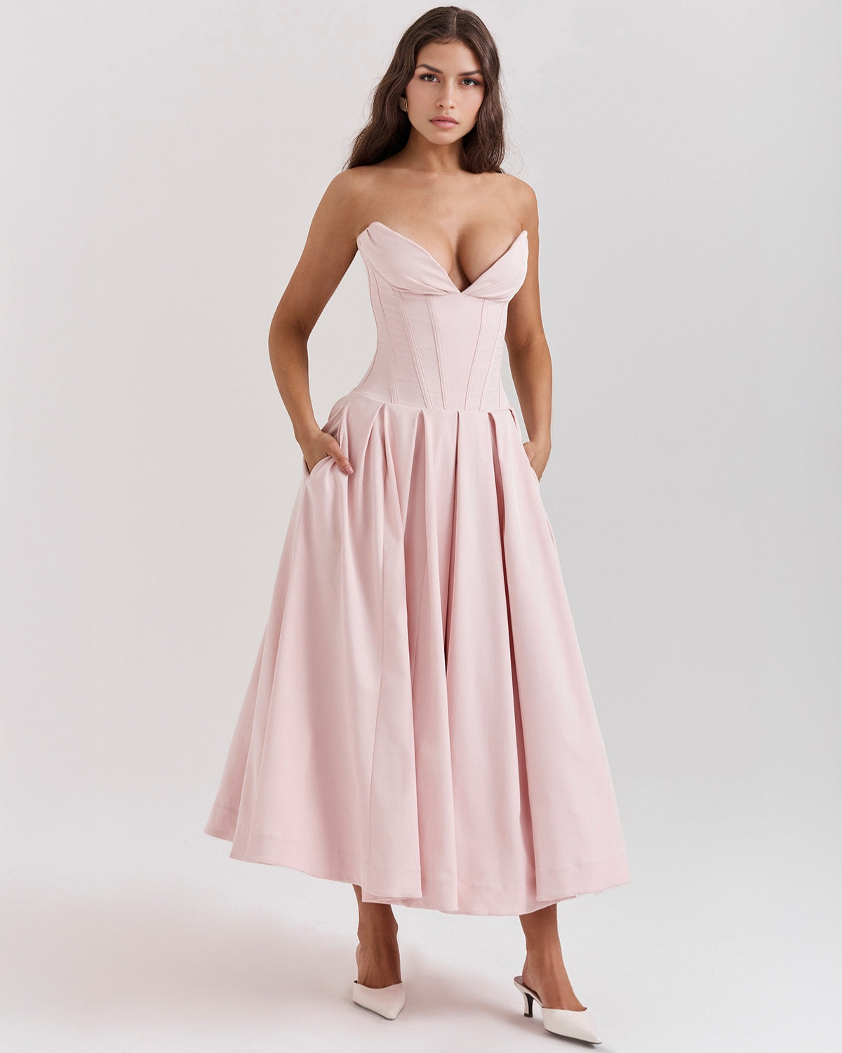 Strapless Corset Sweetheart Neckline Box Pleat A-Line Midi Dress