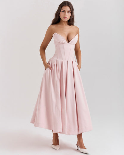 Strapless Corset Sweetheart Neckline Box Pleat A-Line Midi Dress