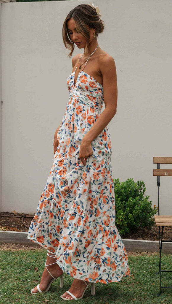 Halter Neck Plunging V Neck Ruched Tiered Floral Print Maxi Dress