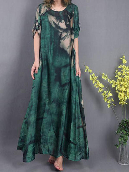 Scoop Neck Batwing Sleeve Abstract Brushstroke Kaftan Maxi Dress