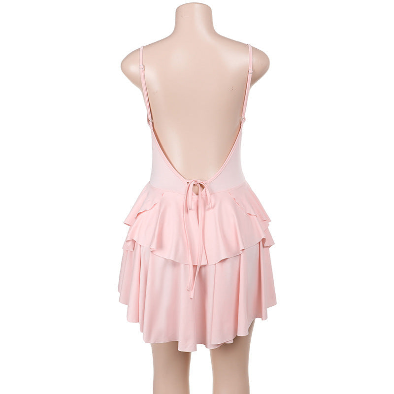 Deep V-Neck Spaghetti Strap Corset Tiered Ruffle Mini Dress