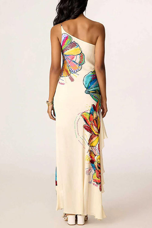 One Shoulder Sleeveless Floral Print Ruffle Hem Maxi Dress