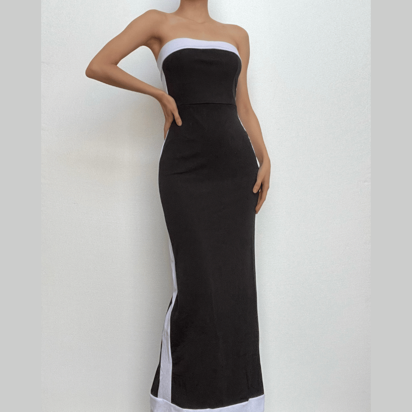 Strapless Contrast Stripe Panel Zip Back Tube Maxi Dress